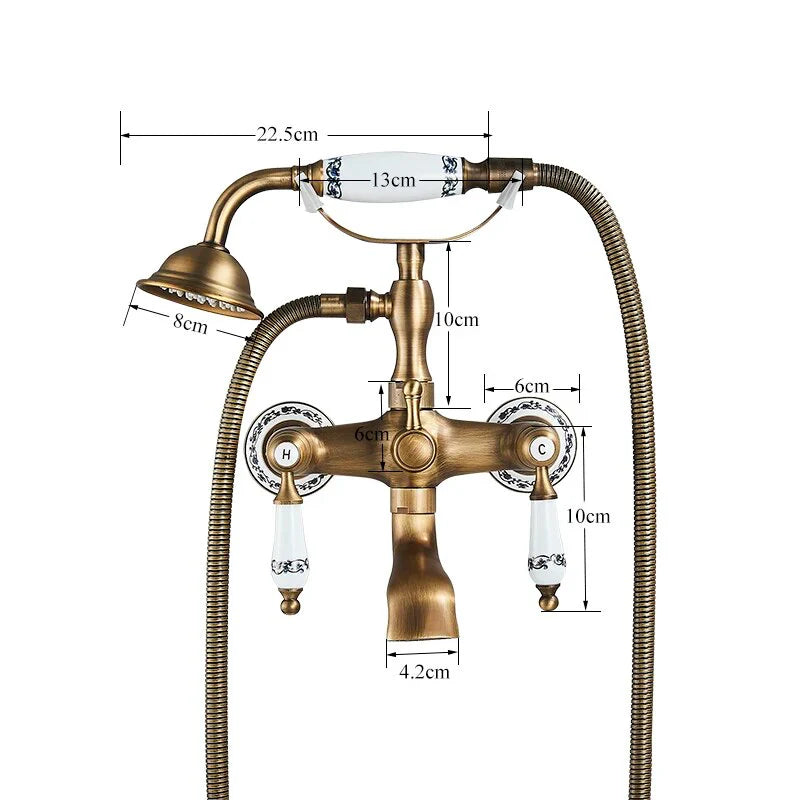 Robinet baignoire salle de bain rétro céramique douchette - Doré - Laiton