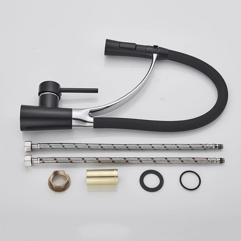 Robinet évier cuisine tuyau noir douchette mitigeur - Noir - Laiton