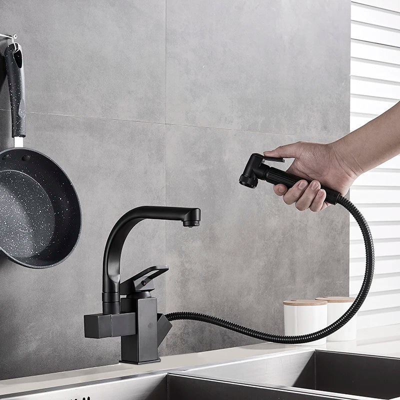 Robinet évier cuisine design mitigeur flexible douchette pistolet - Noir - Laiton