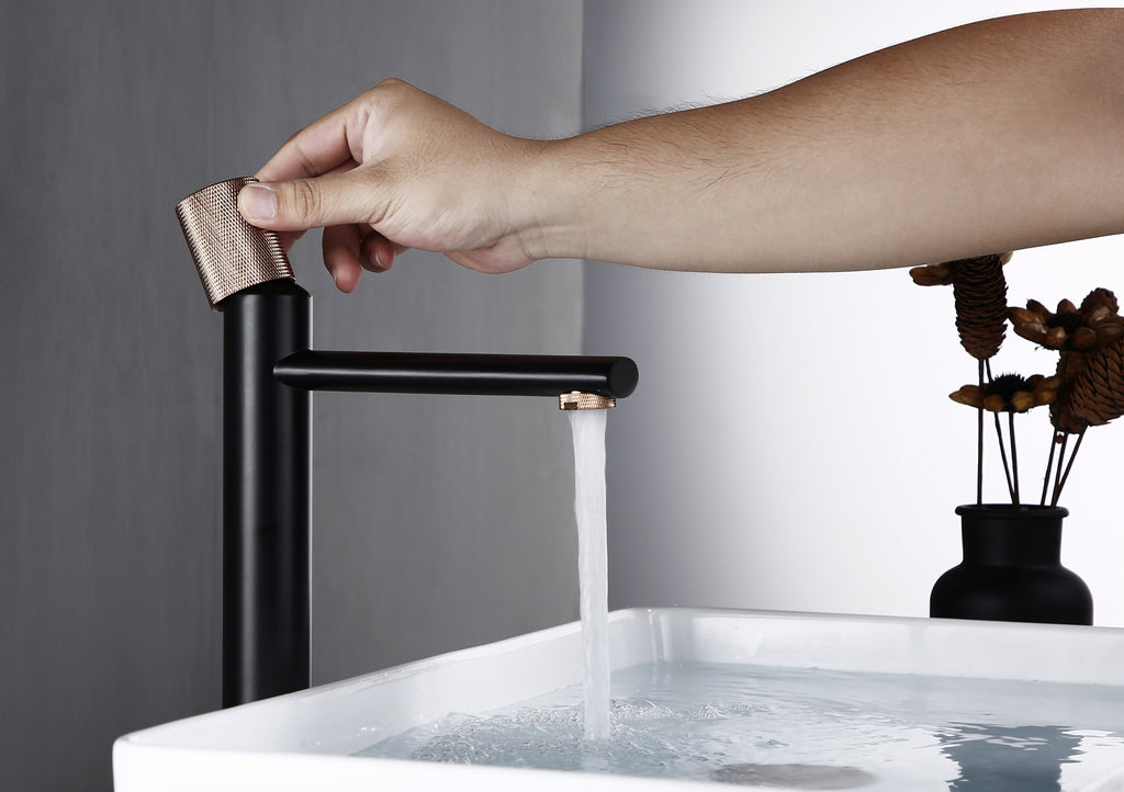 Robinet lavabo salle de bain poignée ronde travaillée - Noir / Doré rose - Laiton