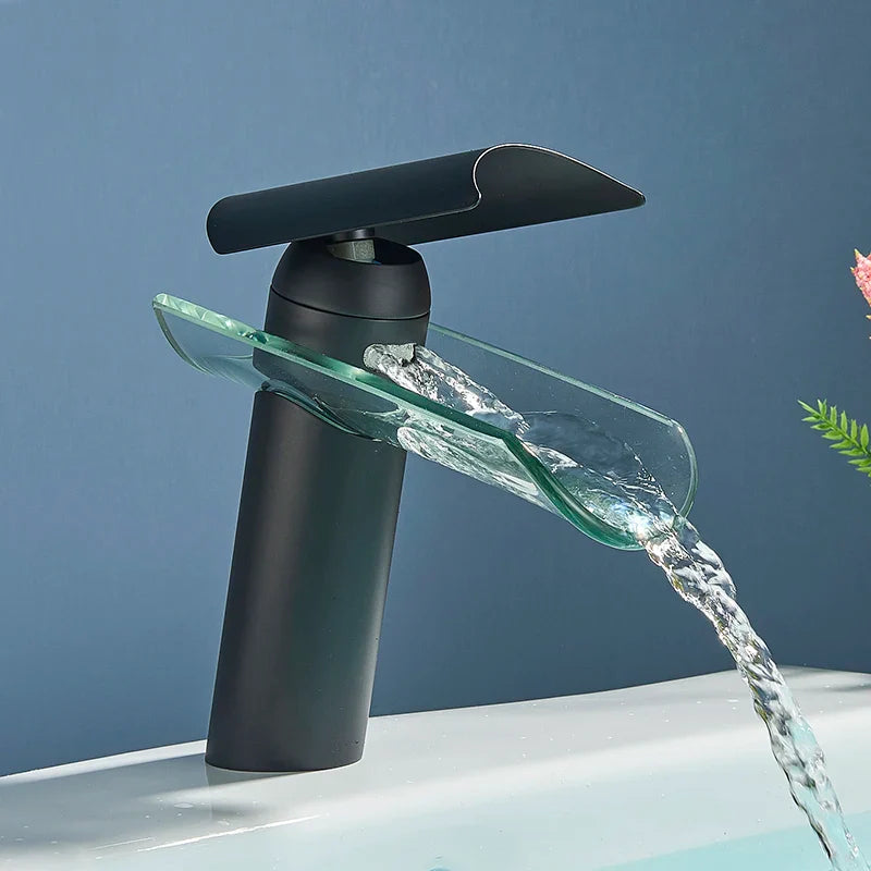 Robinet lavabo salle de bain verre cascade - Noir - Laiton