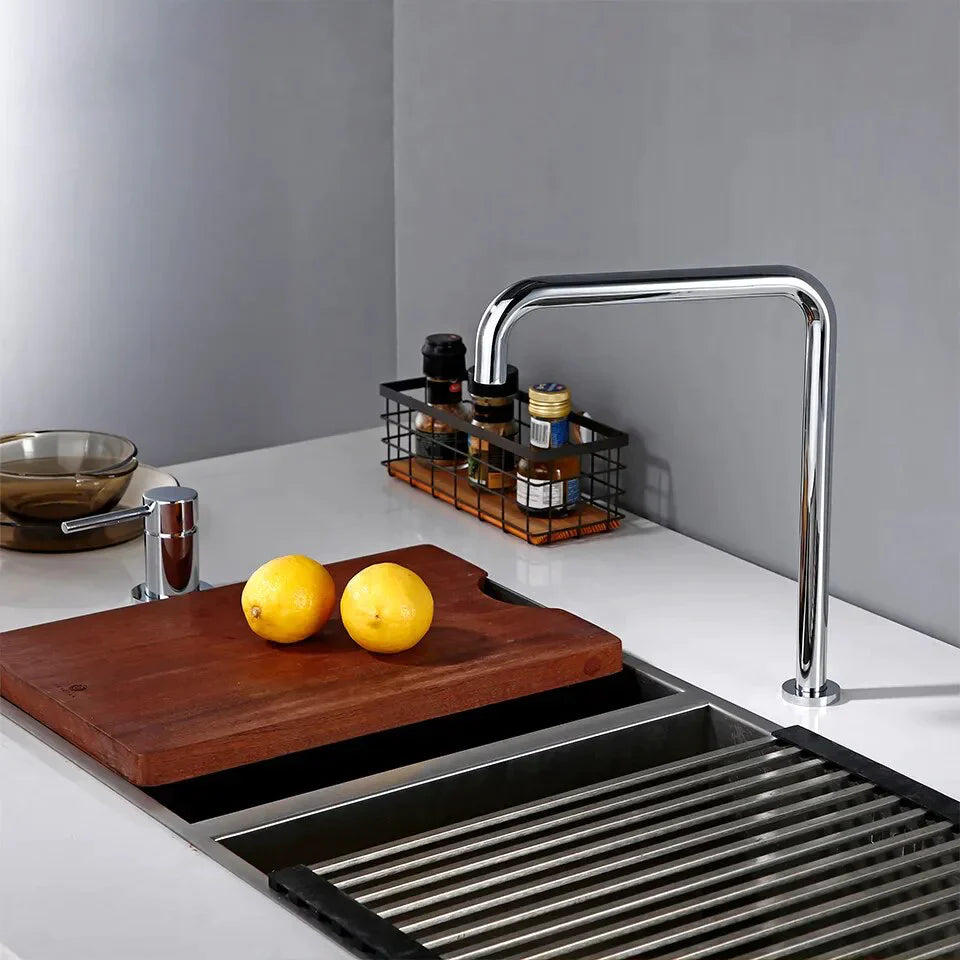 Robinet évier cuisine minimaliste mitigeur déporté à poignée - Argenté - Laiton