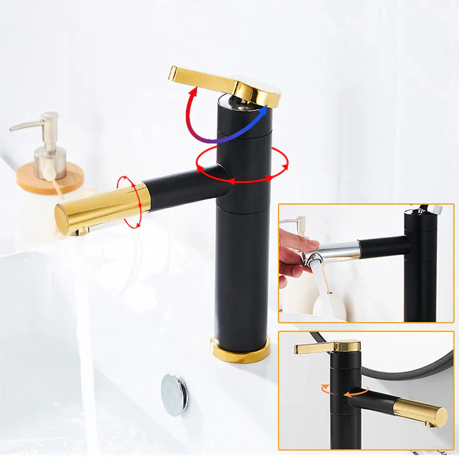 Robinet lavabo salle de bain bicolore rotatif - Noir Doré - Laiton