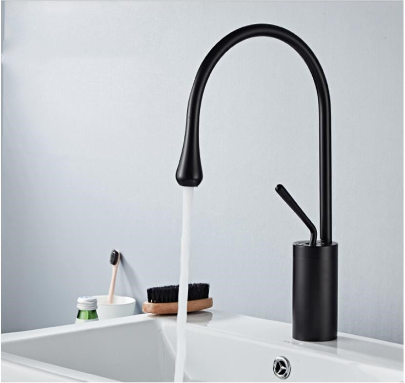 Robinet salle de bain lavabo design arrondi goutte - Noir - Laiton