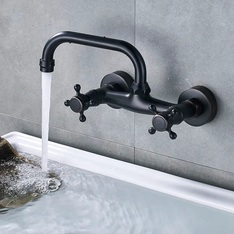 Robinet évier de cuisine encastrable double poignées - Noir - Laiton