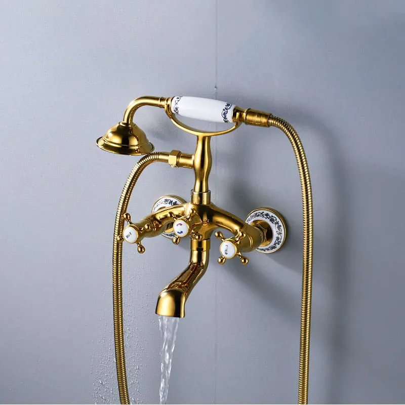 Robinet baignoire salle de bain rétro céramique douchette - Doré - Laiton