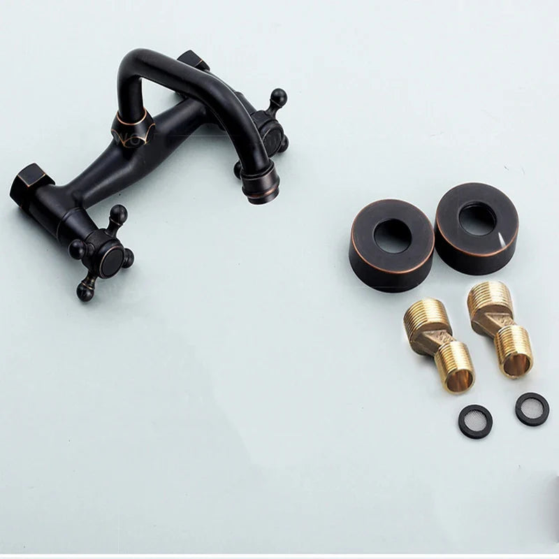 Robinet évier de cuisine encastrable double poignées - Noir - Laiton