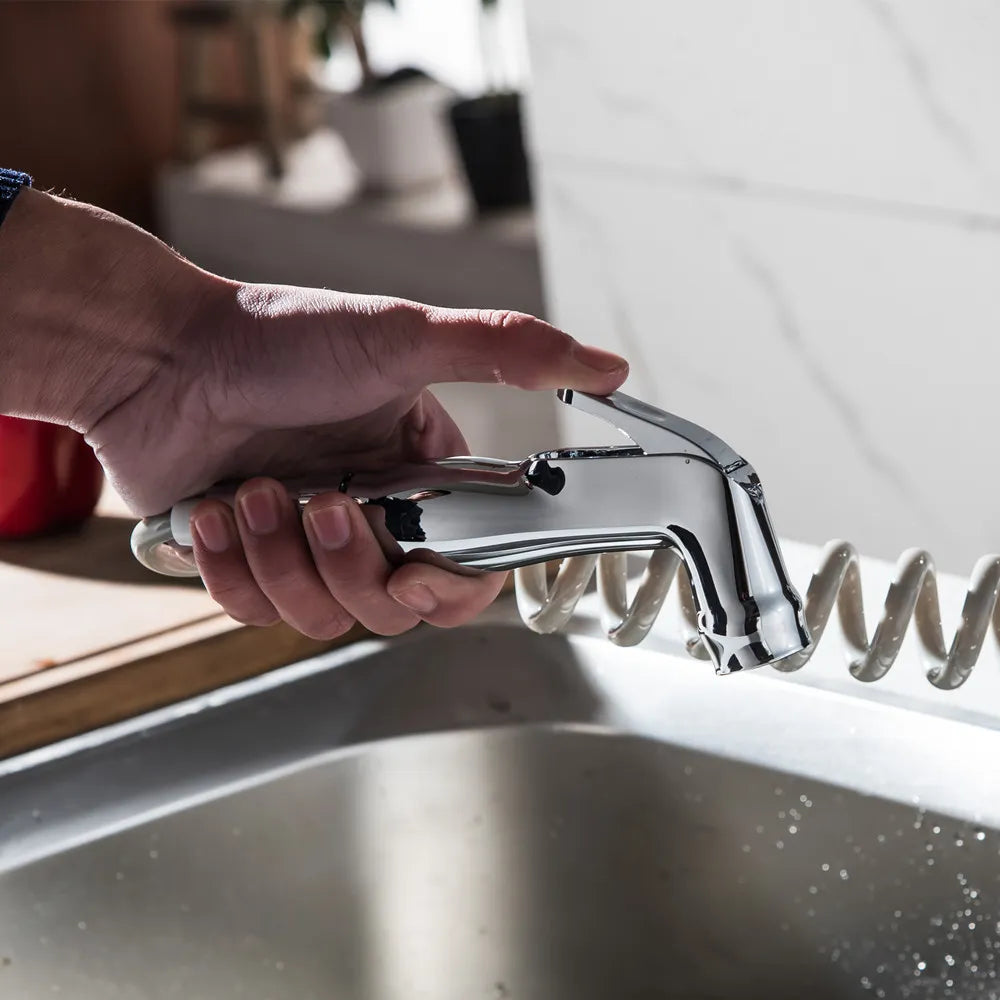 Robinet évier cuisine mitigeur douchette flexible - Argenté - Laiton