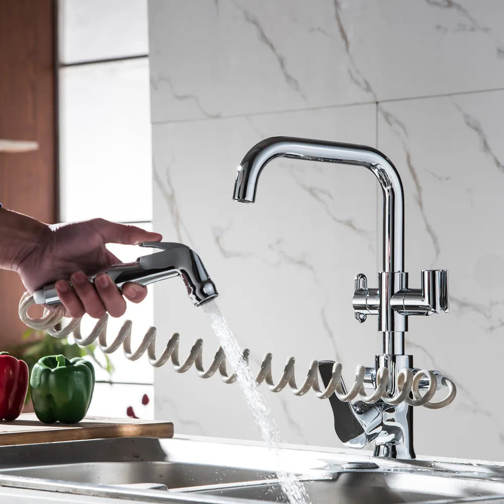 Robinet évier cuisine mitigeur douchette flexible - Argenté - Laiton