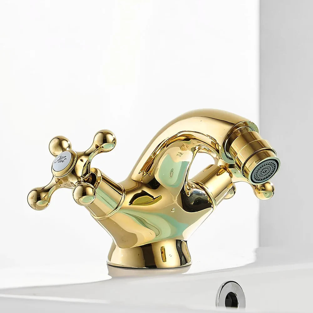 Robinet rétro lavabo deux poignées bec pivotant - Doré - Laiton