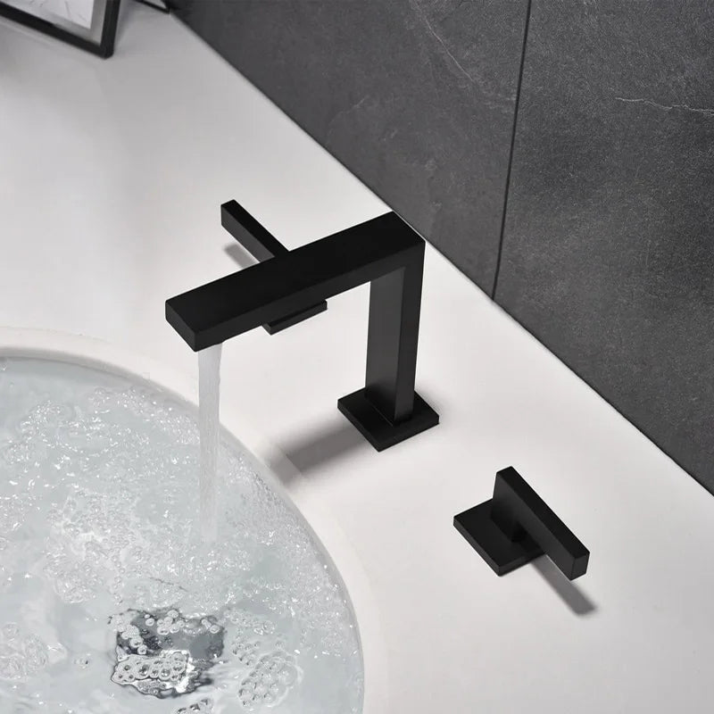 Robinet lavabo salle de bain poignées déportées - Noir - Laiton