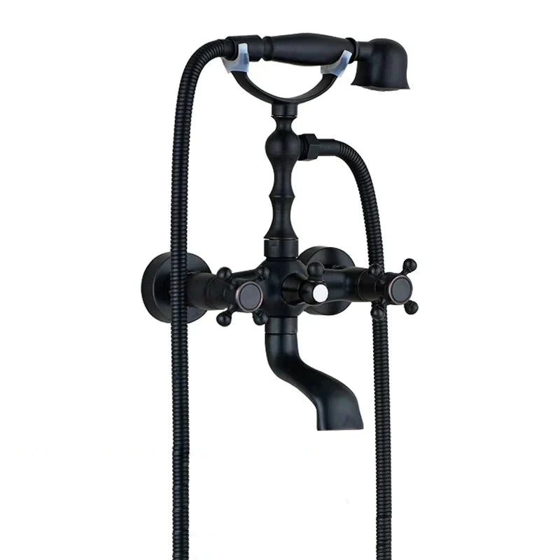 Robinet baignoire salle de bain rétro douchette - Noir - Laiton