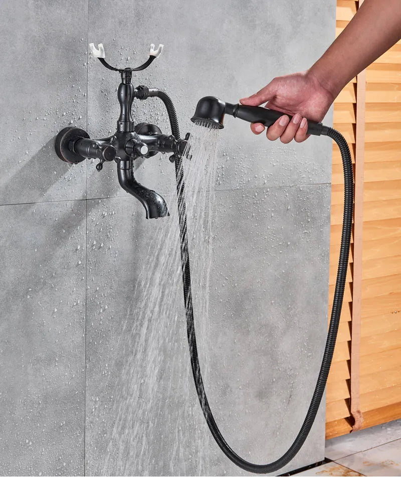 Robinet baignoire salle de bain rétro douchette - Noir - Laiton