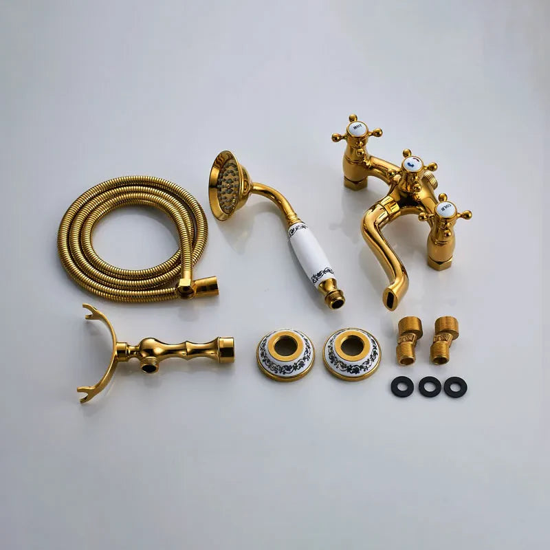 Robinet baignoire salle de bain rétro céramique douchette - Doré - Laiton