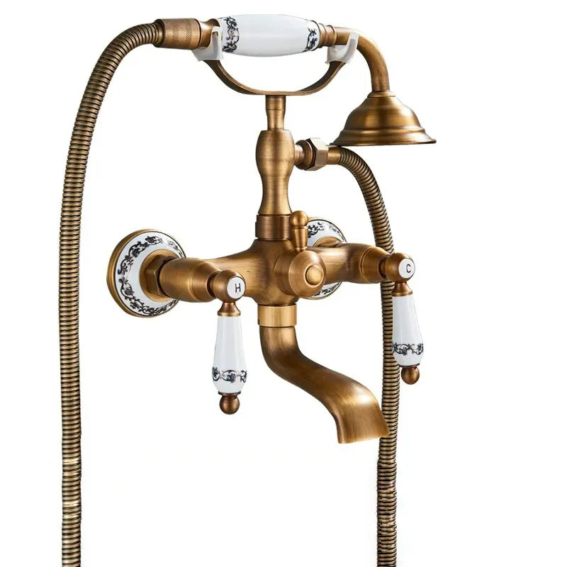 Robinet baignoire salle de bain rétro céramique douchette - Doré - Laiton