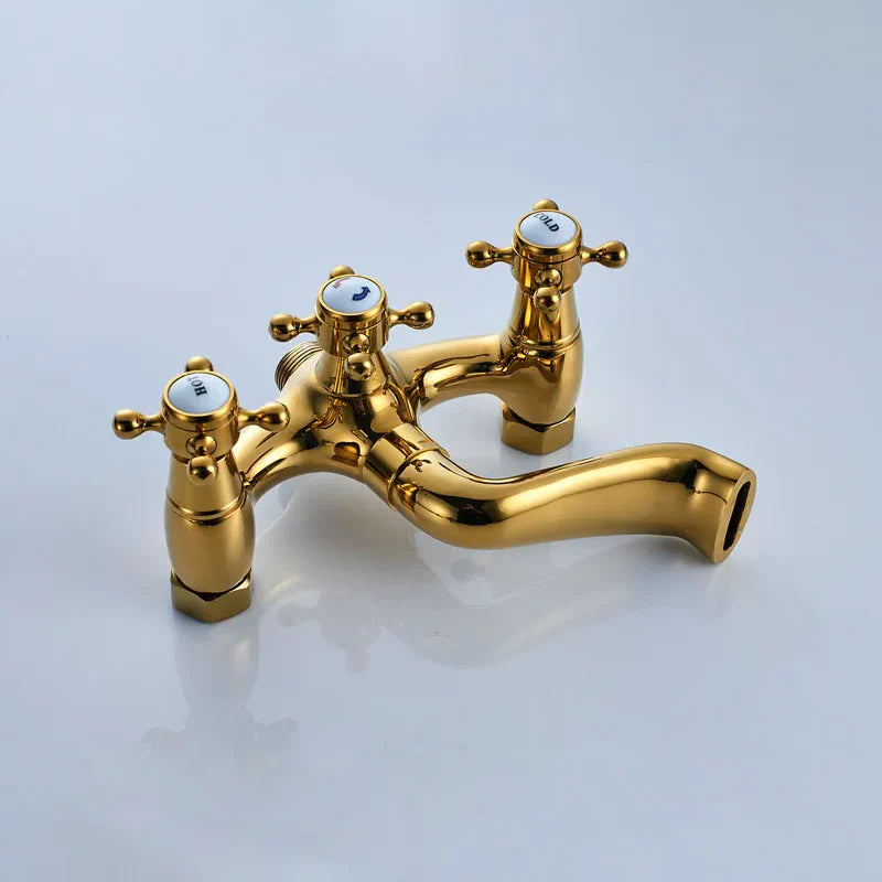 Robinet baignoire salle de bain rétro céramique douchette - Doré - Laiton