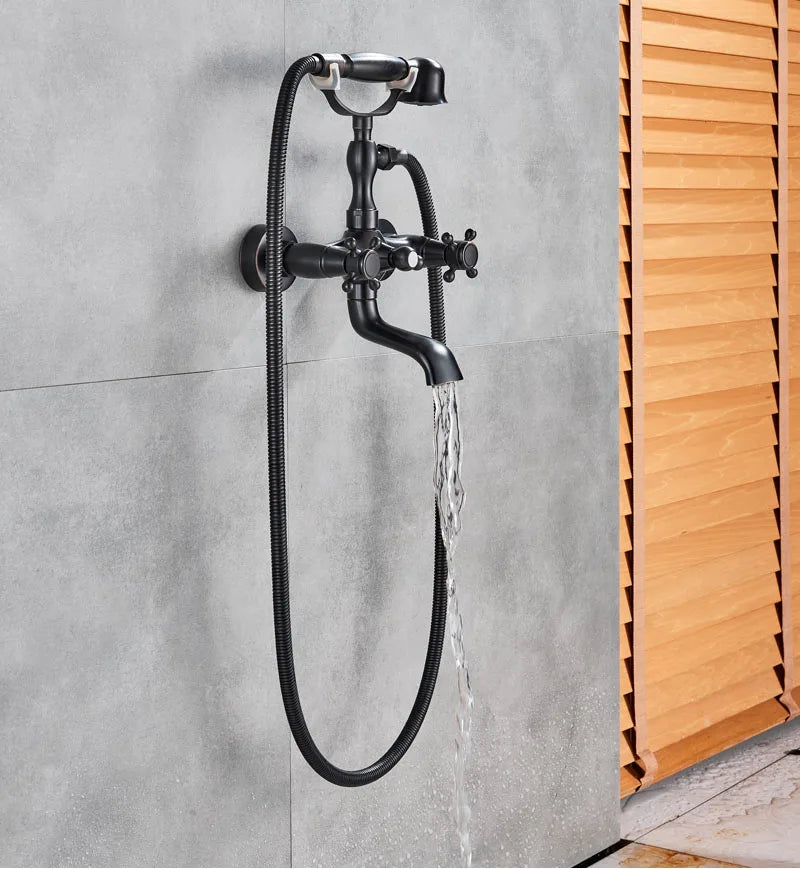 Robinet baignoire salle de bain rétro douchette - Noir - Laiton