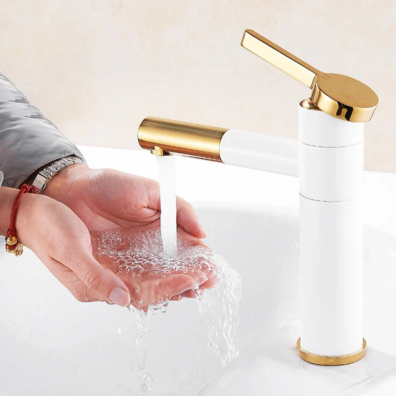 Robinet lavabo salle de bain bicolore rotatif rallonge - Blanc Doré - Laiton