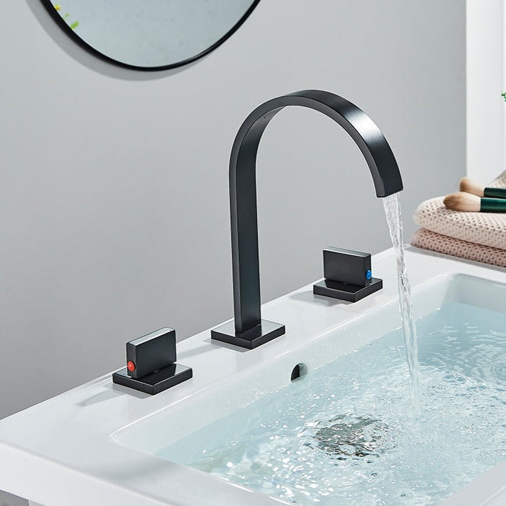 Robinet salle de bain lavabo minimaliste poignées déportées - Noir mat - Laiton