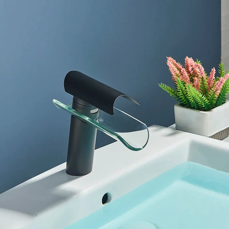 Robinet lavabo salle de bain verre cascade - Noir - Laiton