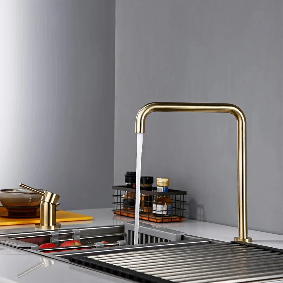Robinet évier cuisine minimaliste mitigeur déporté à poignée - Doré - Laiton