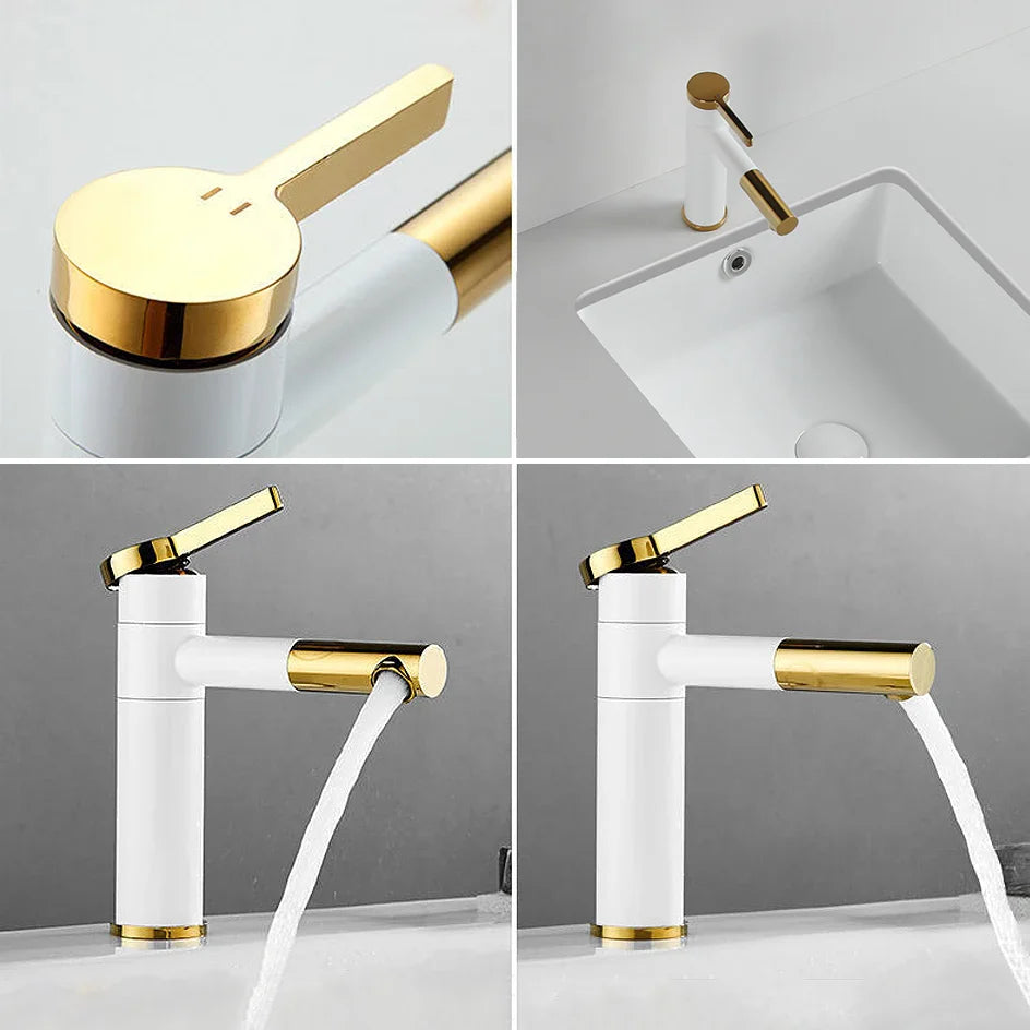 Robinet lavabo salle de bain bicolore rotatif rallonge - Blanc Doré - Laiton