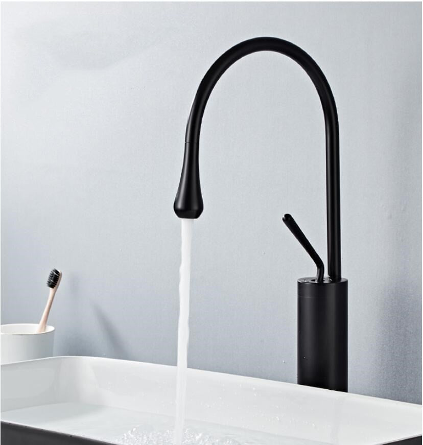 Robinet salle de bain lavabo design arrondi goutte - Noir - Laiton
