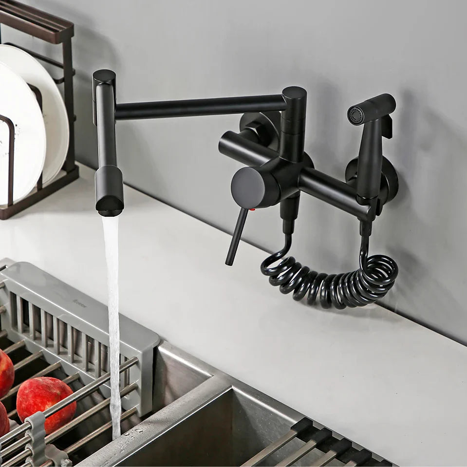 Robinet évier de cuisine rétractable mural avec douchette - Noir - Laiton