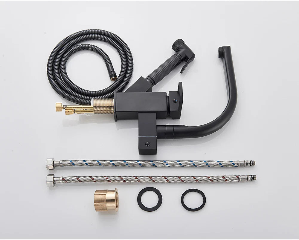 Robinet évier cuisine design mitigeur flexible douchette pistolet - Noir - Laiton