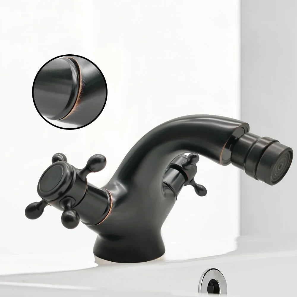 Robinet rétro lavabo deux poignées bec pivotant - Noir - Laiton