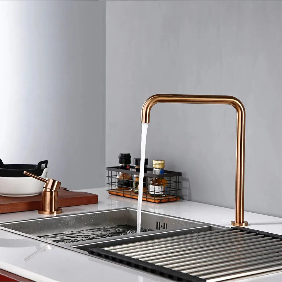 Robinet évier cuisine minimaliste mitigeur déporté à poignée - Doré - Laiton