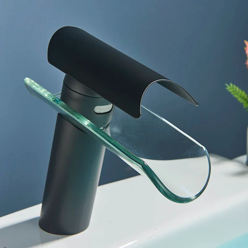 Robinet lavabo salle de bain verre cascade - Noir - Laiton