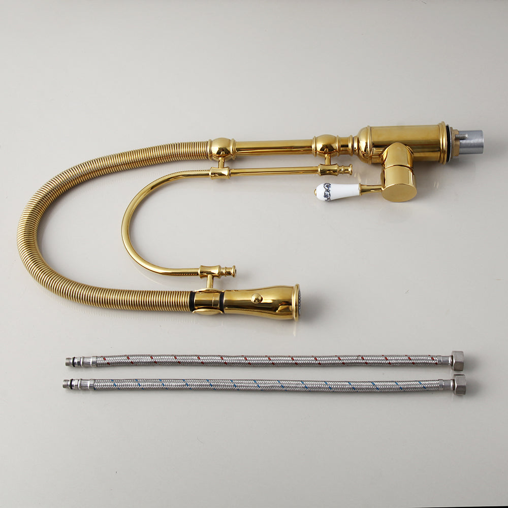 Robinet cuisine évier douchette rétro poignée céramique - Doré - Laiton