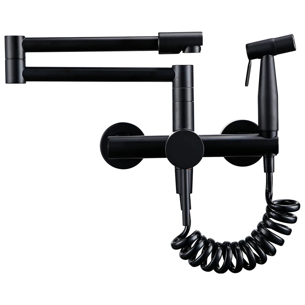 Robinet évier de cuisine rétractable mural avec douchette - Noir - Laiton
