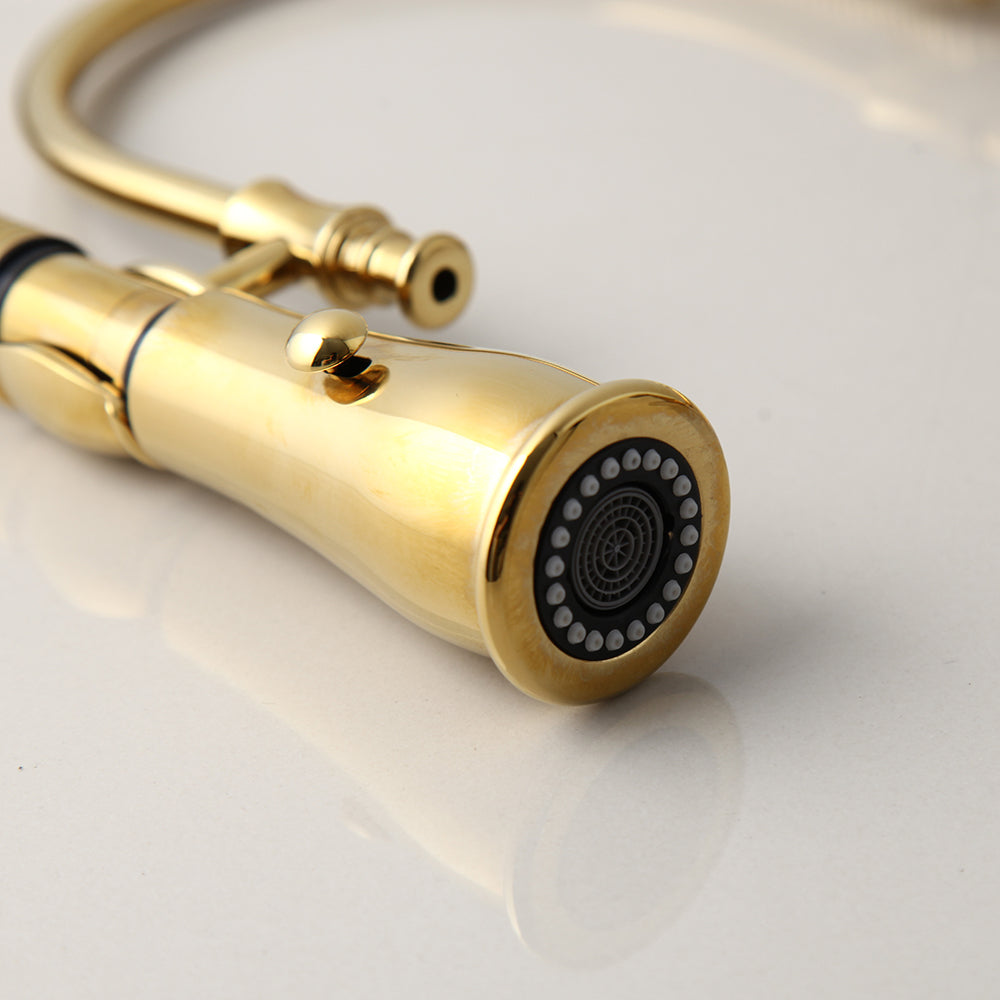 Robinet cuisine évier douchette rétro poignée céramique - Doré - Laiton