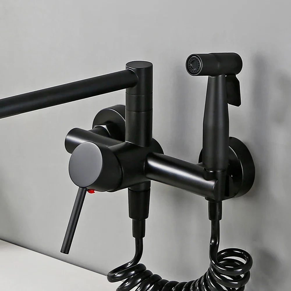 Robinet évier de cuisine rétractable mural avec douchette - Noir - Laiton
