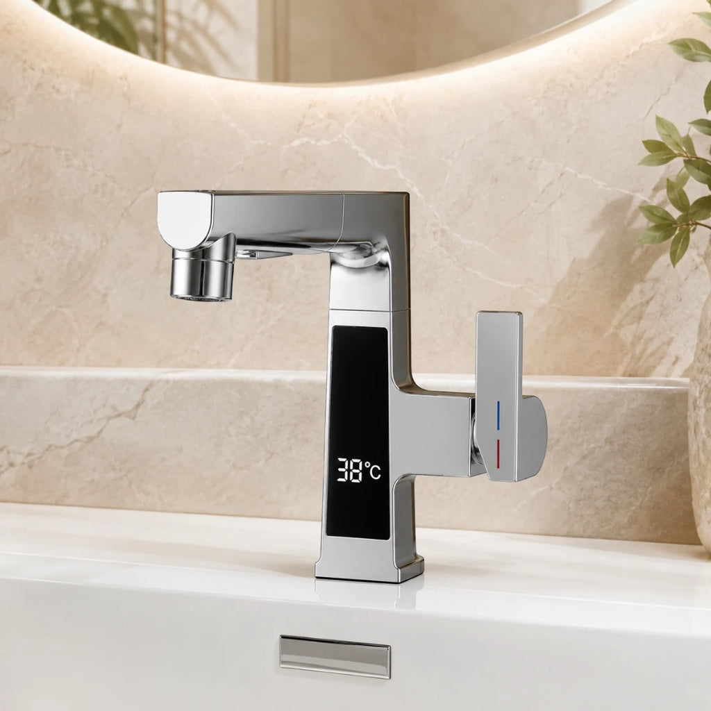 Robinet affichage température douchette salle de bain lavabo - Argenté - Laiton