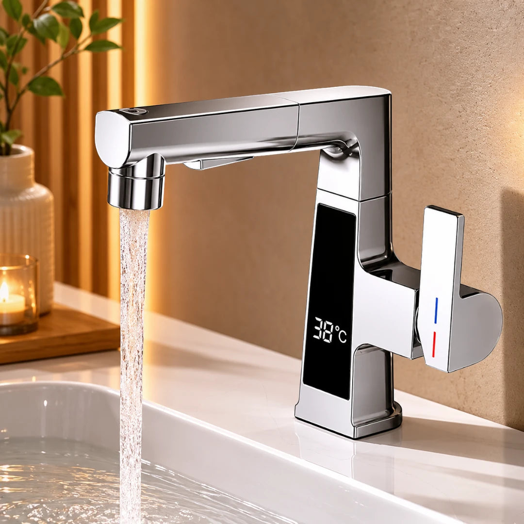 Robinet affichage température douchette salle de bain lavabo - Argenté - Laiton
