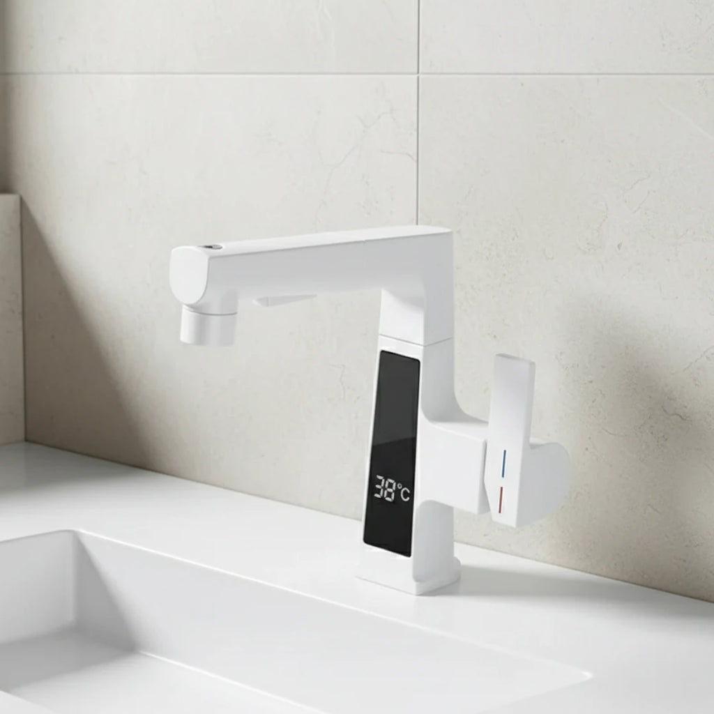 Robinet affichage température douchette salle de bain lavabo - Blanc - Laiton