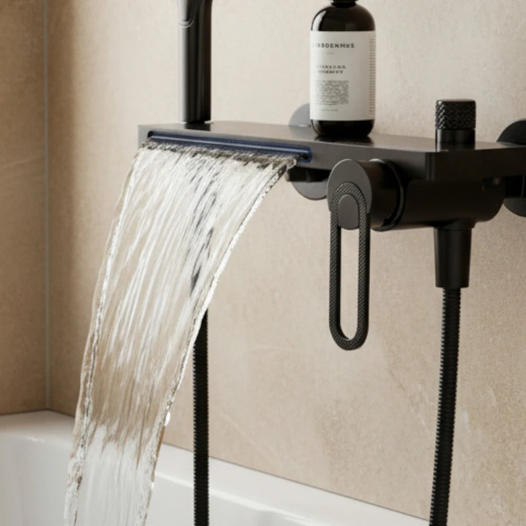 Robinet baignoire salle de bain cascade douchette - Noir - Laiton