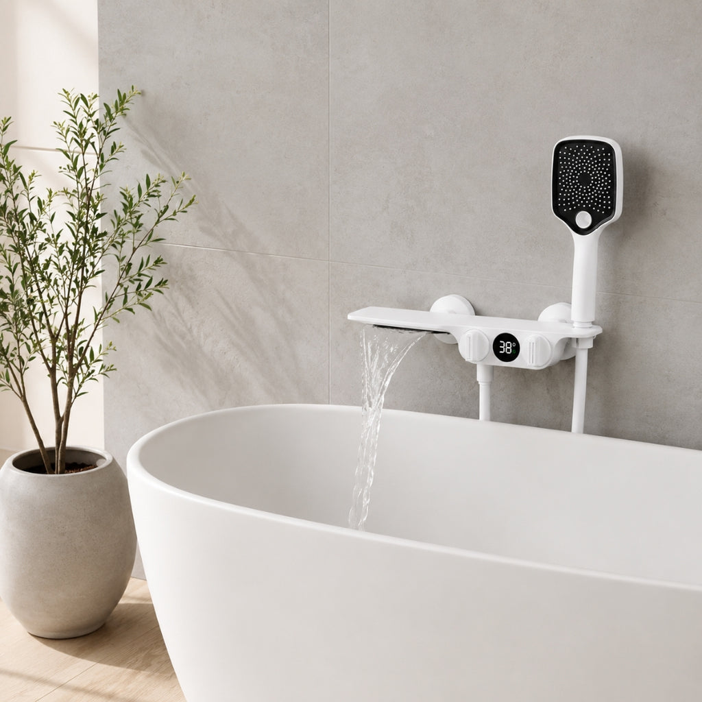 Robinet baignoire salle de bain cascade douchette affichage numérique - Blanc - Laiton