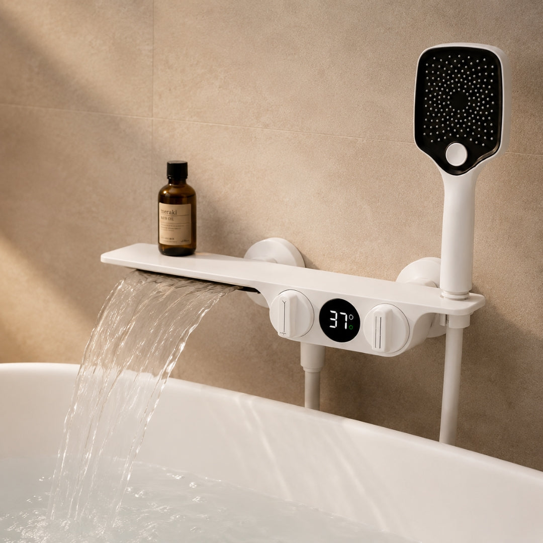 Robinet baignoire salle de bain cascade douchette affichage numérique - Blanc - Laiton