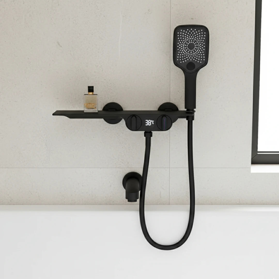 Robinet baignoire salle de bain cascade douchette affichage numérique - Noir - Laiton