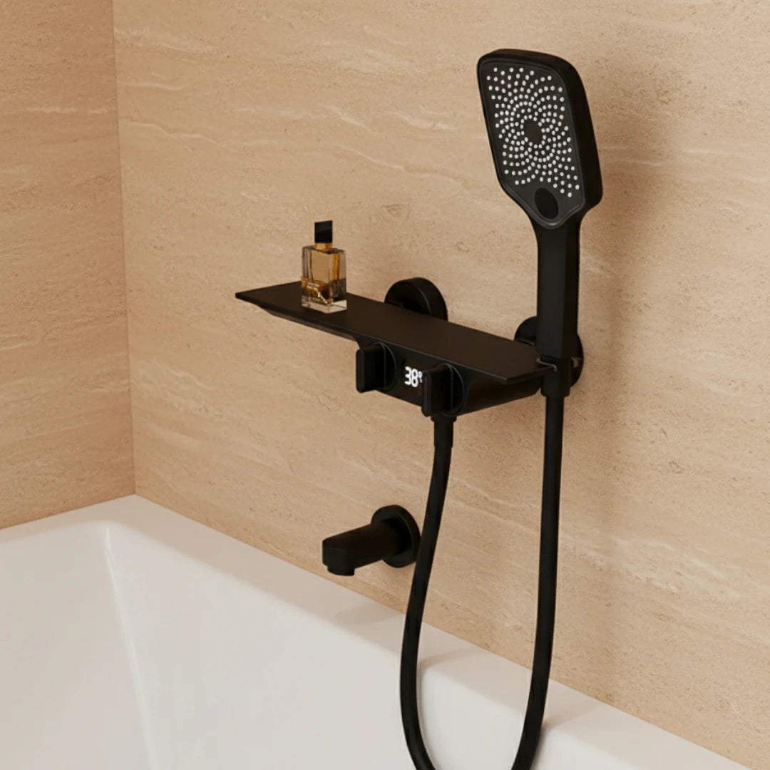 Robinet baignoire salle de bain cascade douchette affichage numérique - Noir - Laiton