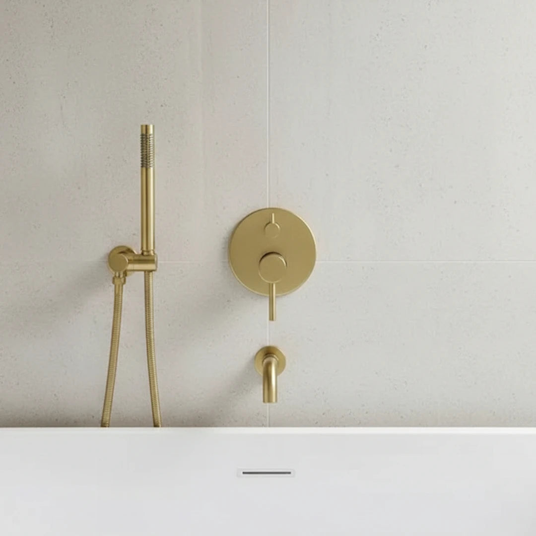 Robinet baignoire salle de bain encastrable mural mitigeur rond douchette - Doré