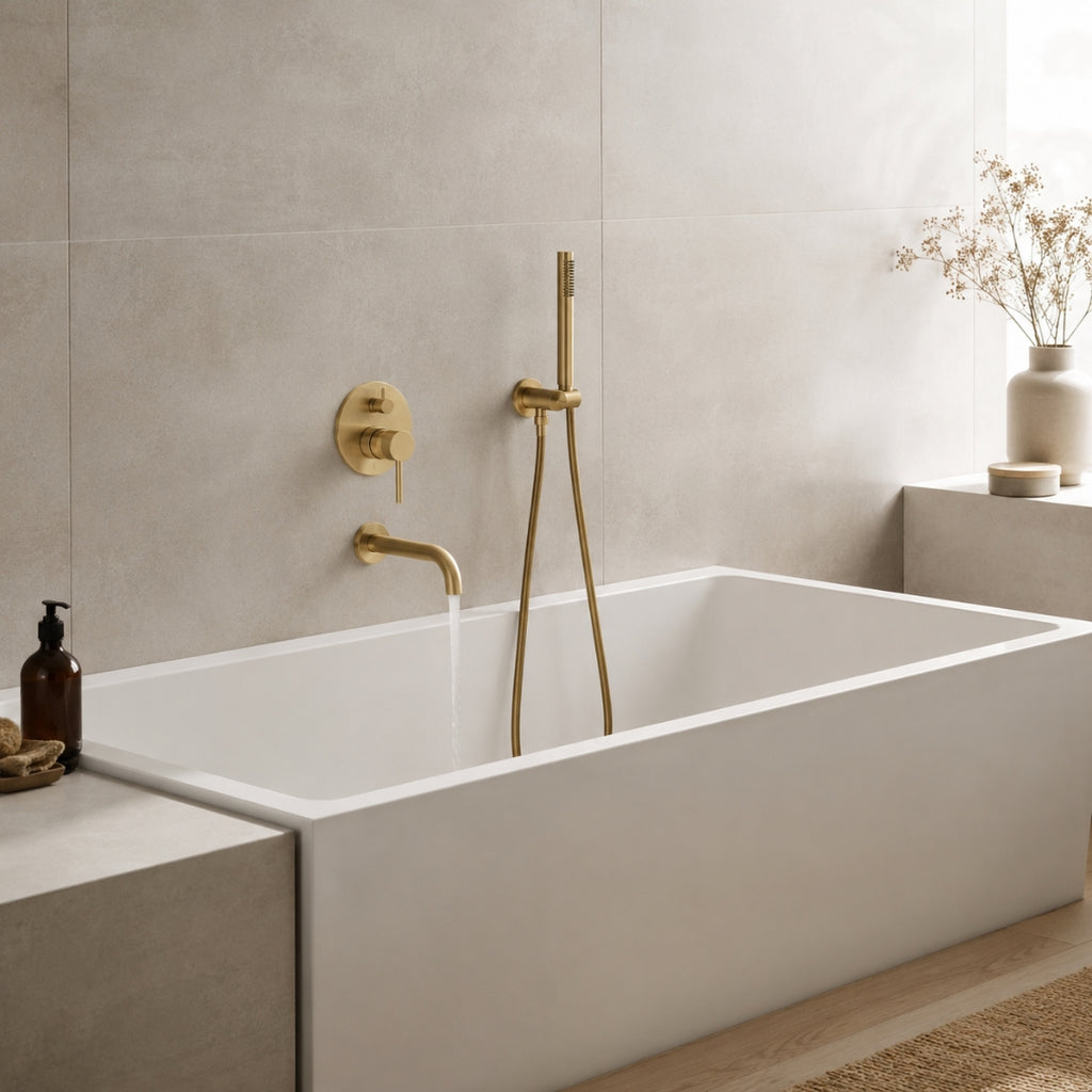 Robinet baignoire salle de bain encastrable mural mitigeur rond douchette - Doré