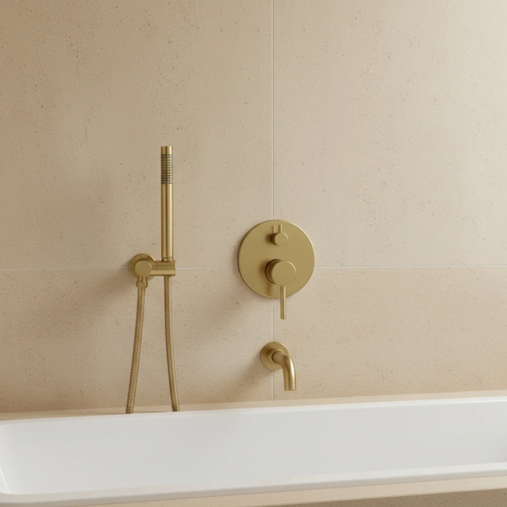 Robinet baignoire salle de bain encastrable mural mitigeur rond douchette - Doré