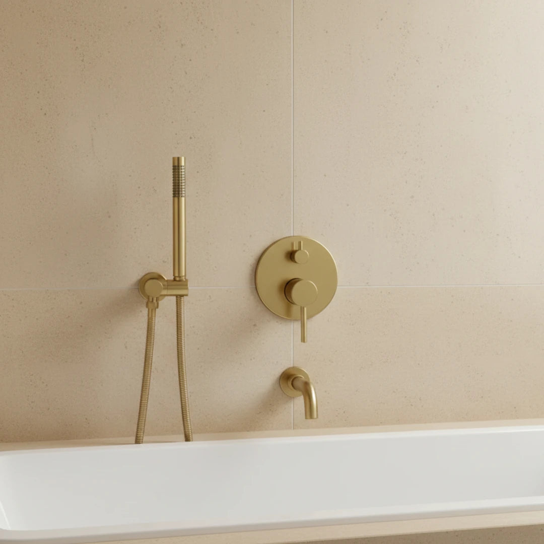 Robinet baignoire salle de bain encastrable mural mitigeur rond douchette - Doré