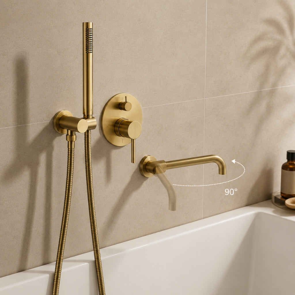 Robinet baignoire salle de bain encastrable mural mitigeur rond douchette - Doré