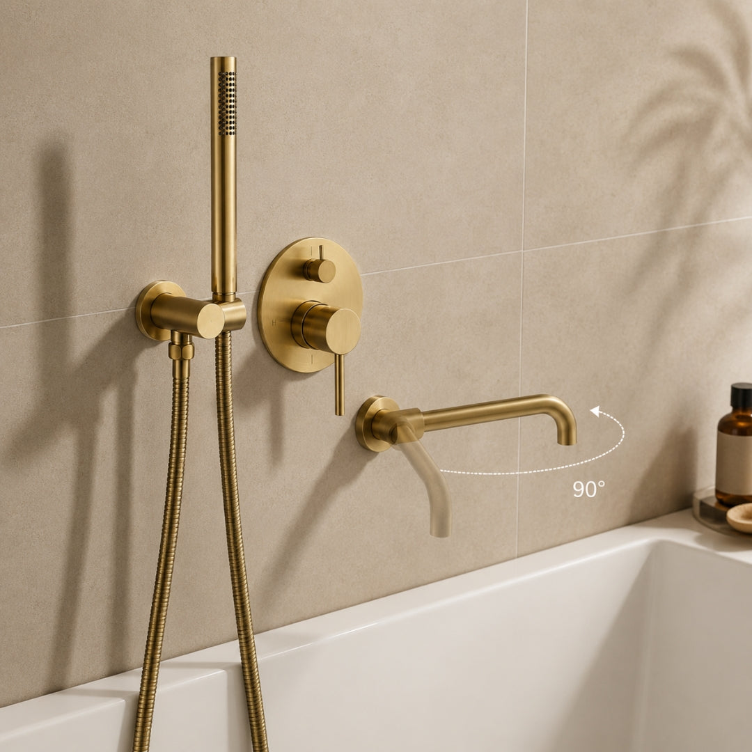 Robinet baignoire salle de bain encastrable mural mitigeur rond douchette - Doré